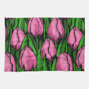 Linge De Cuisine Tulières roses avec feuilles verts