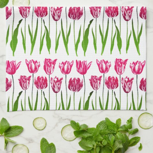 Linge De Cuisine Tulip Garden Imprimer en rose et vert Fuchsia (Plié)
