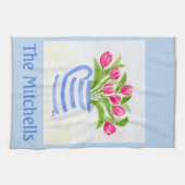 Linge De Cuisine Tulipes Aquarelles Peintes à la main, Pitcher Bleu (Horizontal)