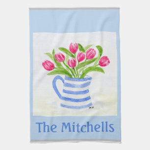 Linge De Cuisine Tulipes Aquarelles Peintes à la main, Pitcher Bleu