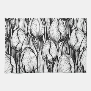 Linge De Cuisine Tulipes en noir et blanc