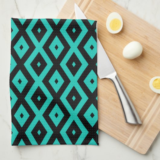 Linge De Cuisine Turquoise and black diamond pattern (Quart Plié)