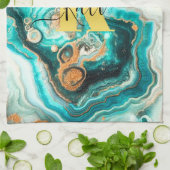 Linge De Cuisine Turquoise Aqua Agate Golden Custom Monogramme mode (Plié)