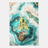 Linge De Cuisine Turquoise Aqua Agate Golden Custom Monogramme mode (Vertical)