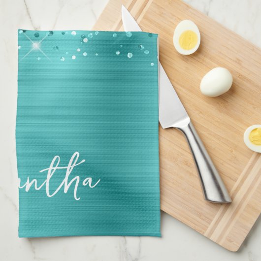 Linge De Cuisine Turquoise Bleu Pailleté Glam Nom (Quart Plié)