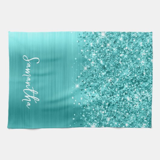 Linge De Cuisine Turquoise Bleu Pailleté Glam Nom (Horizontal)