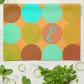 Linge De Cuisine Turquoise Bleu Vert & Cercles Orange Monogramme (Plié)