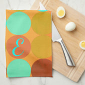 Linge De Cuisine Turquoise Bleu Vert & Cercles Orange Monogramme (Quart Plié)