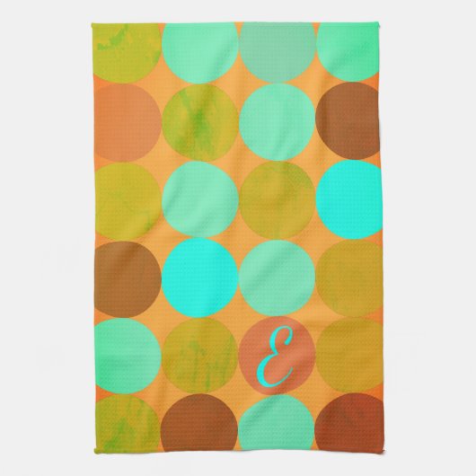 Linge De Cuisine Turquoise Bleu Vert & Cercles Orange Monogramme (Vertical)