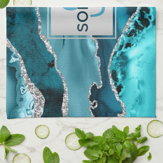 Linge De Cuisine Turquoise et Argent Faux Parties scintillant Marbr (Plié)