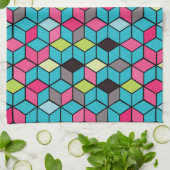 Linge De Cuisine Turquoise et motif rose de cube (Plié)