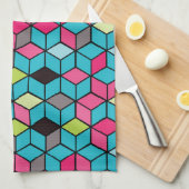 Linge De Cuisine Turquoise et motif rose de cube (Quart Plié)