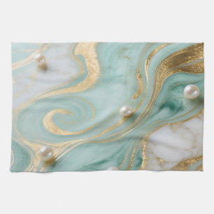 Linge De Cuisine Turquoise Marbre Perle Or Tourbillon