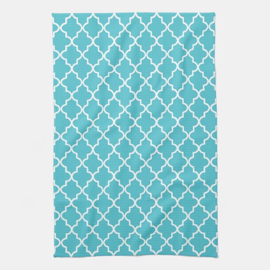 Linge De Cuisine Turquoise moderne et Quatrefoil Marocain blanc (Vertical)