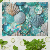 Linge De Cuisine Turquoise Vert Sirène Impression Avec Coques (Plié)