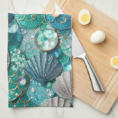 Linge De Cuisine Turquoise Vert Sirène Impression Avec Coques (Quart Plié)