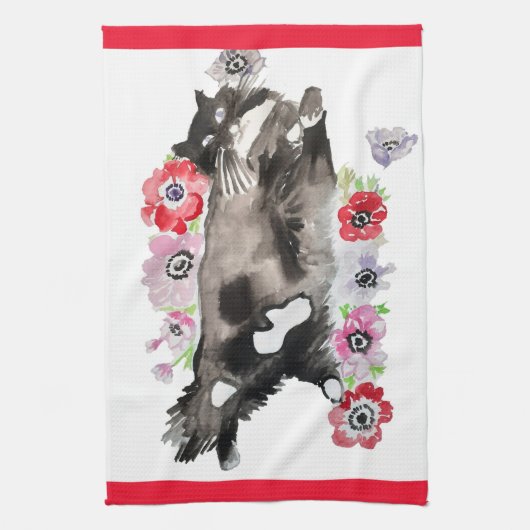Linge De Cuisine Tuxedo Chat Cute Jolie Fleurs Chats Aquarelle (Vertical)