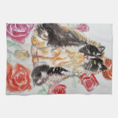 Linge De Cuisine Tuxedo Chat Cute Rose Fleurs Chats Aquarelle Rose (Horizontal)