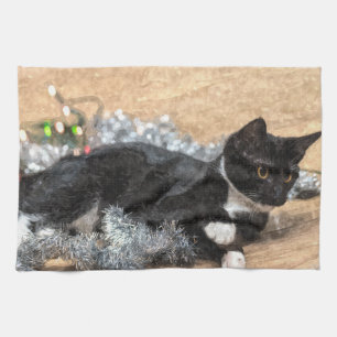 Linge De Cuisine Tuxedo Kitten Tinsel et lumières peint