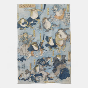 Linge De Cuisine Ukiyo-e Grenouilles Guerriers Antiquités Art Japon