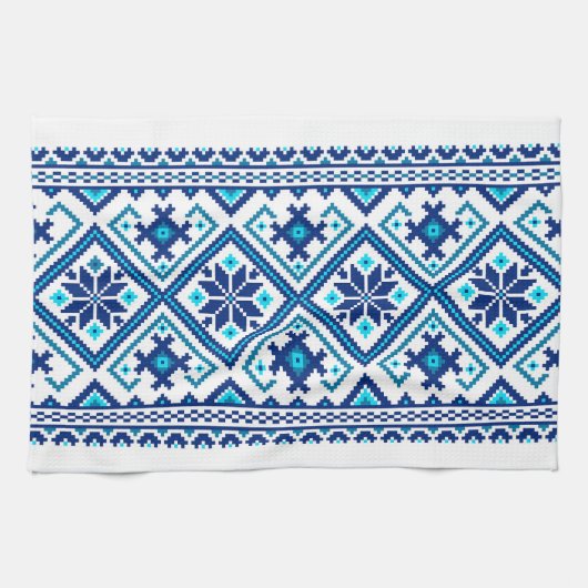 Linge De Cuisine Ukrainian traditional vushuvanka folk pattern blue (Horizontal)