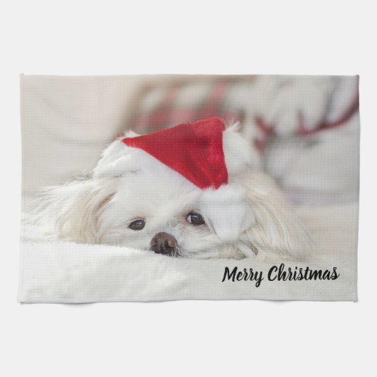 Linge De Cuisine Un mignon chien blanc dans un Casquette de Noël ro (Horizontal)