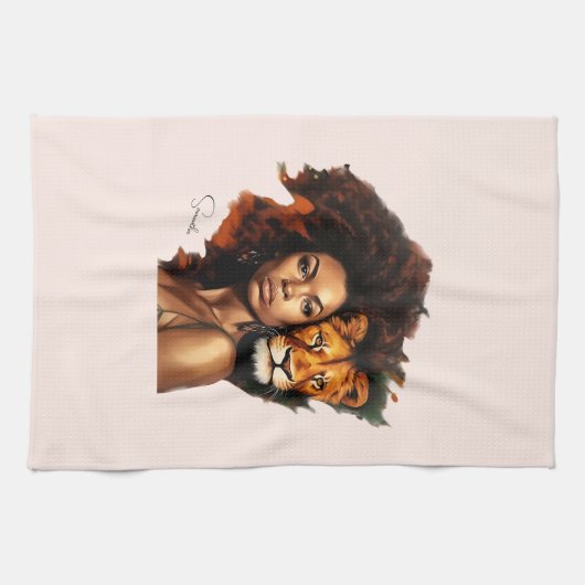 Linge De Cuisine Une femme afro-américaine avec un lion majestueux (Horizontal)