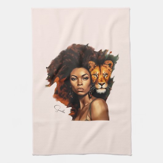 Linge De Cuisine Une femme afro-américaine avec un lion majestueux (Vertical)
