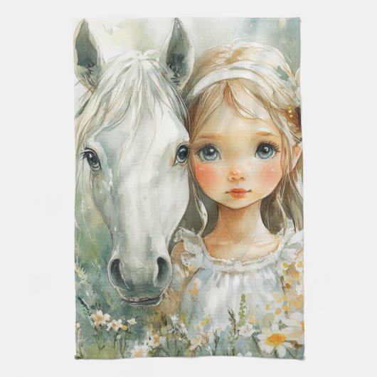 Linge De Cuisine Une petite fille avec un cheval (Vertical)