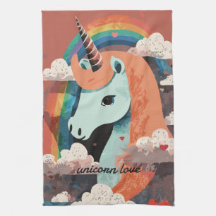 Linge De Cuisine Unicorne sous arc-en-ciel et parmi les coeurs