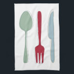 Linge De Cuisine Ustensiles de cuisine funky Rétro du milieu du siè<br><div class="desc">Cette serviette de cuisine rétro,  avec ses ustensiles de cuisine (fourche,  couteau et cuillère) dans un mélange de rouge,  bleu et vert,  paraîtra fabuleux accroché à votre porte du four.</div>