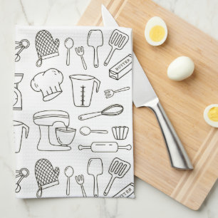 Linge De Cuisine Ustensiles de cuisine Motif Doodle noir et blanc