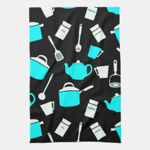 Linge De Cuisine Ustensiles de cuisine Noir Blanc & Turquoise