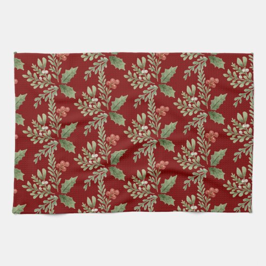 Linge De Cuisine Vacances botaniques Red Holly Berries Verdure (Horizontal)