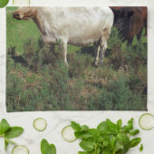 Linge De Cuisine Vache Blanche Avec Herbe De Vache Brown, (Plié)