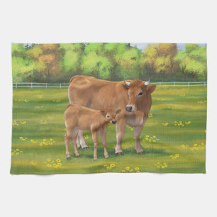 Linge De Cuisine Vache d'Aubrac et veau mignon dans le pâturage de