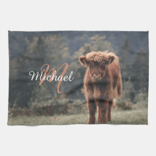 Linge De Cuisine Vache de Highland calvaire herbe d'automne monogra