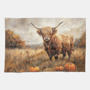 Linge De Cuisine Vache Highland avec Citrouilles