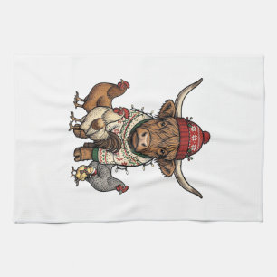Linge De Cuisine Vache Highland et poulets de Noël Gravure vintage