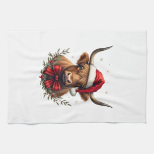 Linge De Cuisine Vache Highland vintage Noël au chapeau de Père Noë