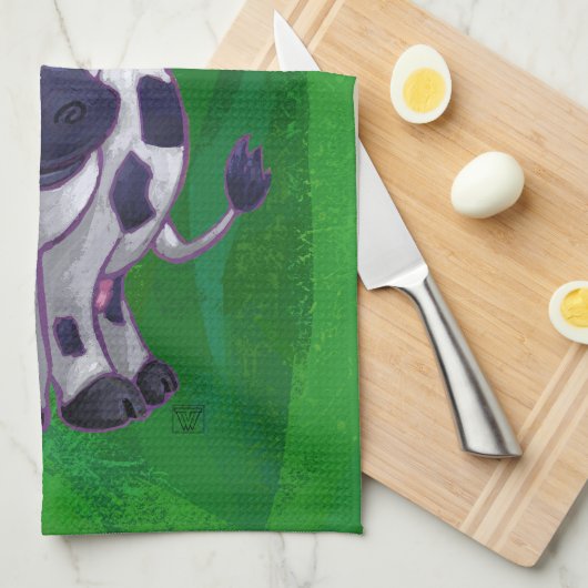 Linge De Cuisine Vache Noël sur vert (Quart Plié)