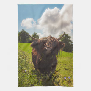 Linge De Cuisine Vache noire pâturage vert champ soleil