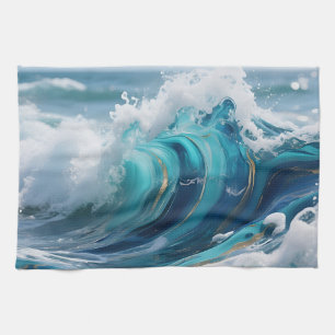 Linge De Cuisine Vague océanique turquoise et tourbillon doré