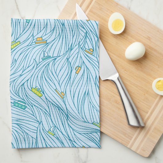 Linge De Cuisine Vagues avec bateaux (Quart Plié)