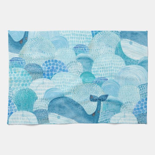 Linge De Cuisine Vagues, baleine, texture bleu enfantine (Horizontal)