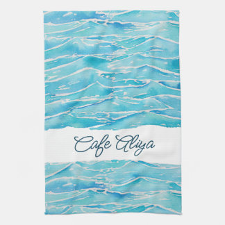Linge De Cuisine Vagues de plage personnalisées avec nom Aquarelle 