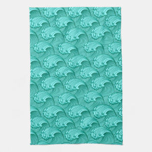 Linge De Cuisine Vagues japonaises vintages, turquoise et Aqua