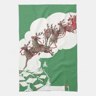Linge De Cuisine Veille de Noël vintage, Père Noël rétro en traînea