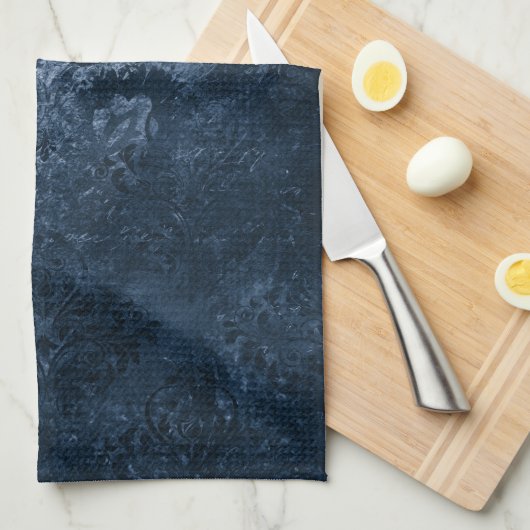 Linge De Cuisine Velvety Navy Damask | Bleu foncé Grunge Baroque (Quart Plié)