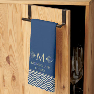 Linge De Cuisine Ventilateur japonais Navy Blue & Gold Art Déco Cus